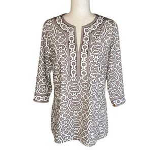 Gretchen Scott Taupe Gray White Black Geometric Trellis Print Tunic Top - L